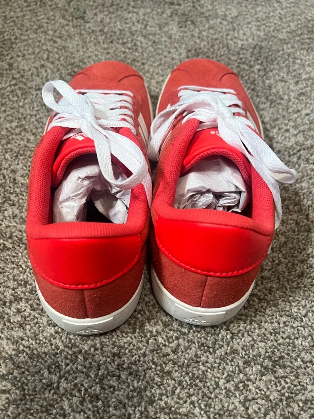 NEW, never worn Adidas Kids Red Suede Sneakers with White Stripes